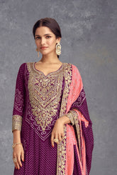 Purple Chinon Bandhani Embroidered  Kurti With Sharara Dupatta